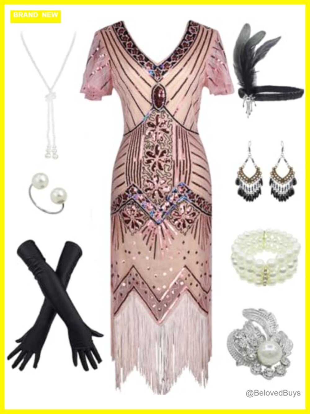 Sequin Long Fringe Gatsby Flapper Dress w/ Costume Accessories Set